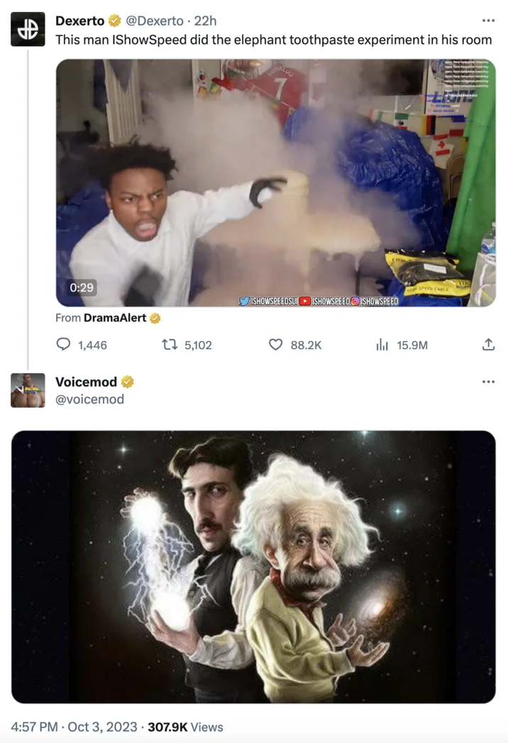 Nikola Tesla And Albert Einstein — Twitter screenshot showing Voicemod posting the Tesla and Einstein caricature image