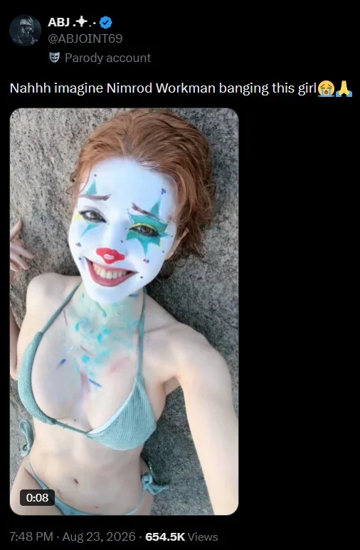 Parody tweet joking about Nimrod Workman with an unrelated photo of a woman in clown makeup