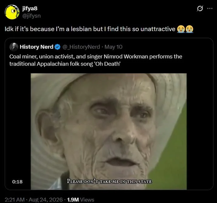 Tweet reacting to Nimrod Workman video with jokes about finding him unattractive