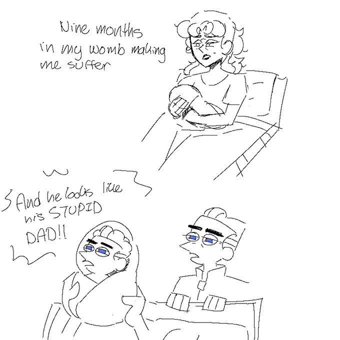 Nine Months In My Womb Making Me Suffer and He Looks Like His Stupid Dad — Fan redraw of the stupid dad meme with a curly-haired mother and blue-eyed father
