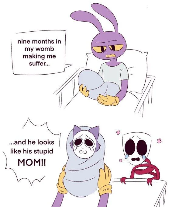 Nine Months In My Womb Making Me Suffer and He Looks Like His Stupid Dad — Fan art variant with a purple rabbit character and ghostly creatures using the