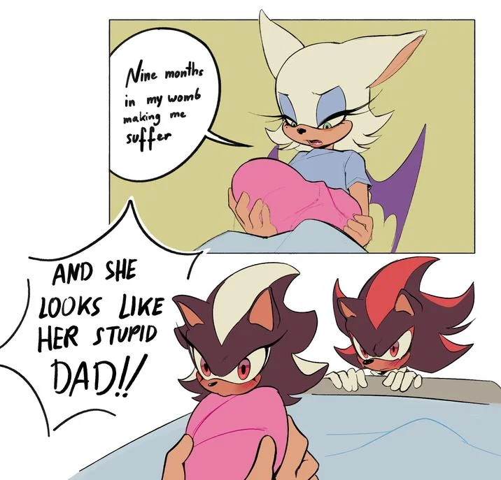 Nine Months In My Womb Making Me Suffer and He Looks Like His Stupid Dad — Sonic fan art variant with Rouge the Bat and Shadow the Hedgehog using the stupid