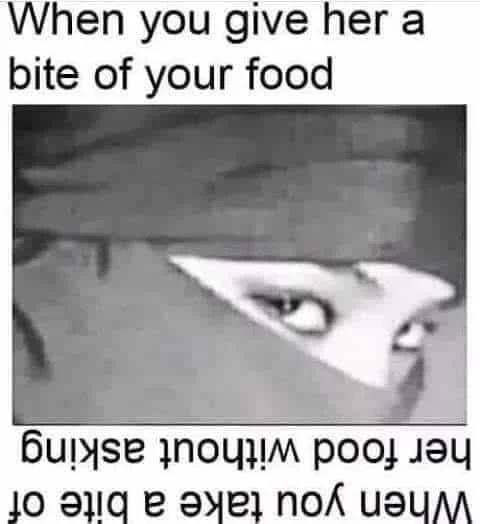Ninja Hood Flip — Ninja hood meme with paired captions about sharing food versus taking food without asking, one written upside down.