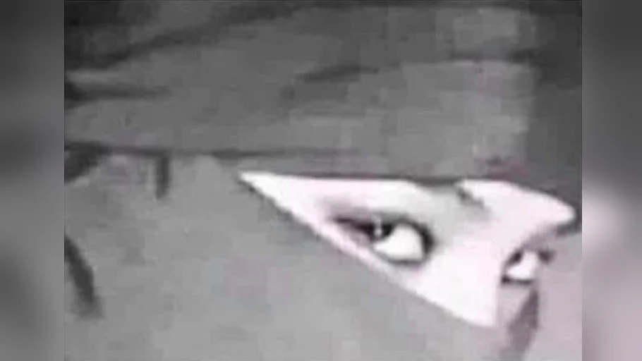 Ninja Hood Flip — Grainy black-and-white close-up of a hooded ninja-like figure with only a triangular eye slit revealing narrowed, side-glancing eyes.