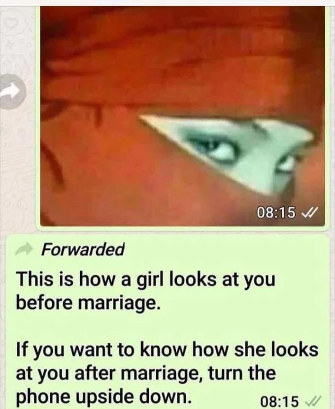Ninja Hood Flip — WhatsApp forwarded message featuring the ninja hood image with a joke about how a girl looks before vs. after marriage when flipped.