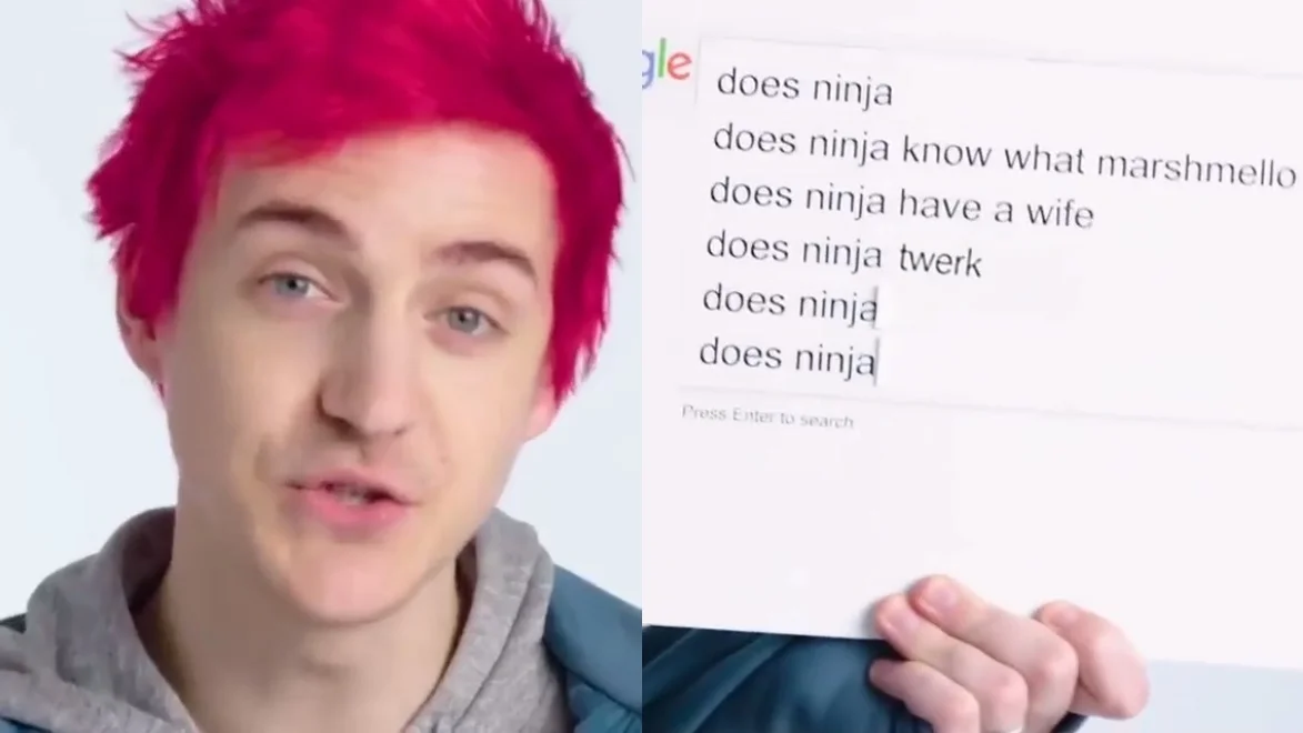 Ninja Twerking — Streamer Ninja with pink hair next to Google autocomplete suggestions including 'does ninja twerk'