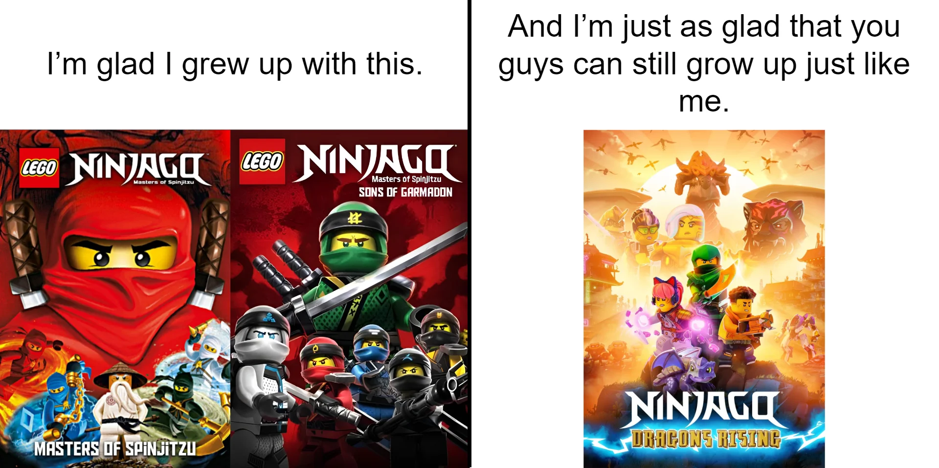 Comparison of classic LEGO Ninjago DVD covers and the newer Ninjago Dragons Rising poster