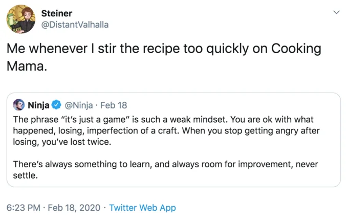 Ninja's "It's Just A Game" Tweet — Cooking Mama joke tweet mocking Ninja's mindset post