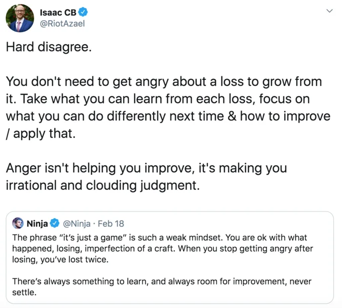 Ninja's "It's Just A Game" Tweet — Isaac CB tweet disagreeing with Ninja's take on anger