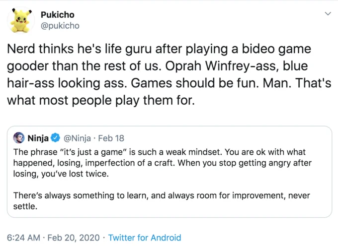 Ninja's "It's Just A Game" Tweet — Pukicho tweet mocking Ninja as a self-help life guru