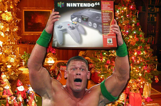 Nintendo 64 Kids — John Cena holding a Nintendo 64 box in front of a Christmas tree parody