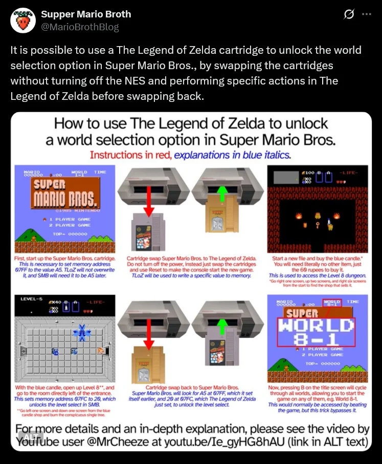 Nintendo — Supper Mario Broth tweet explaining a Zelda cartridge world-select trick in Super Mario Bros.