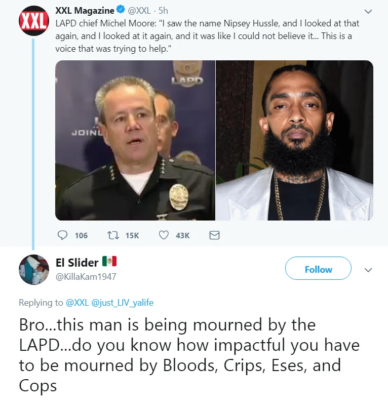 Nipsey Hussle's Death — Twitter screenshot of XXL Magazine post with LAPD chief's statement on Nipsey Hussle and a reply about his community impact