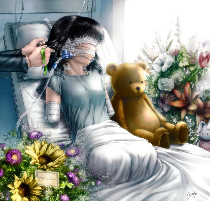No Arms No Legs Anime Girl In Hospital — High-quality anime illustration of blindfolded girl with amputated limbs in hospital bed