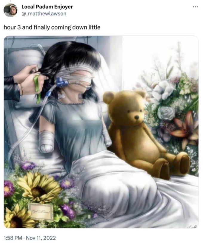 No Arms No Legs Anime Girl In Hospital — Tweet by _matthewlawson using the image with the caption 'hour 3 and finally coming down little'