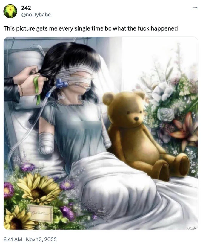 No Arms No Legs Anime Girl In Hospital — Tweet by noIIybabe reacting to the disturbing hospital anime image