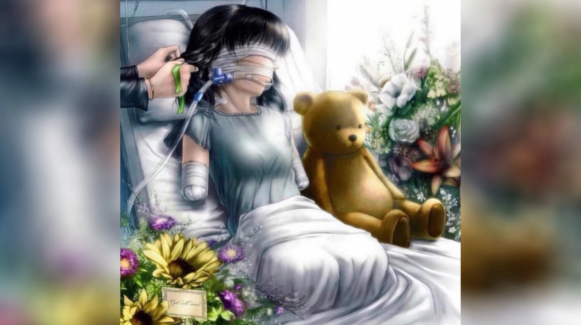 No Arms No Legs Anime Girl In Hospital — Anime girl blindfolded and bandaged in hospital bed with teddy bear, missing limbs