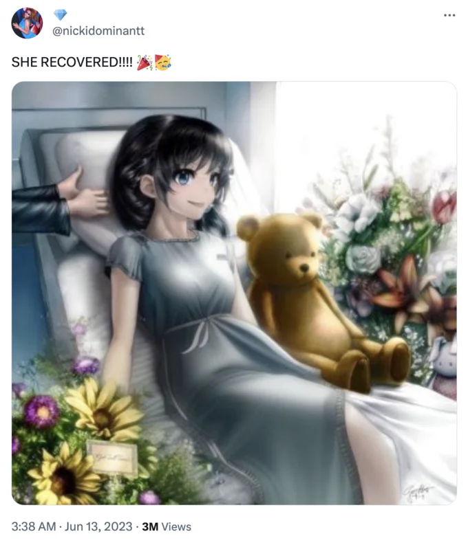 No Arms No Legs Anime Girl In Hospital — Tweet showing the 'recovered' anime girl version with limbs restored and smiling