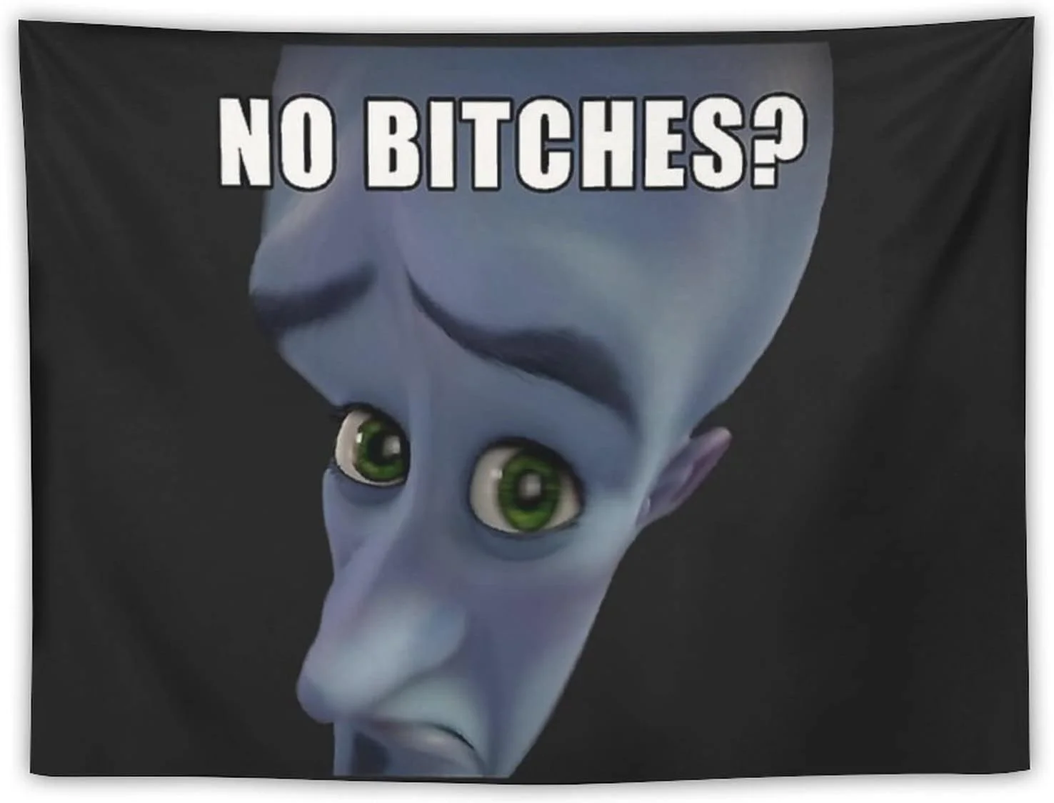 Metroman character against dark background with 'NO BITCHES?' text and distinctive green eyes visible.