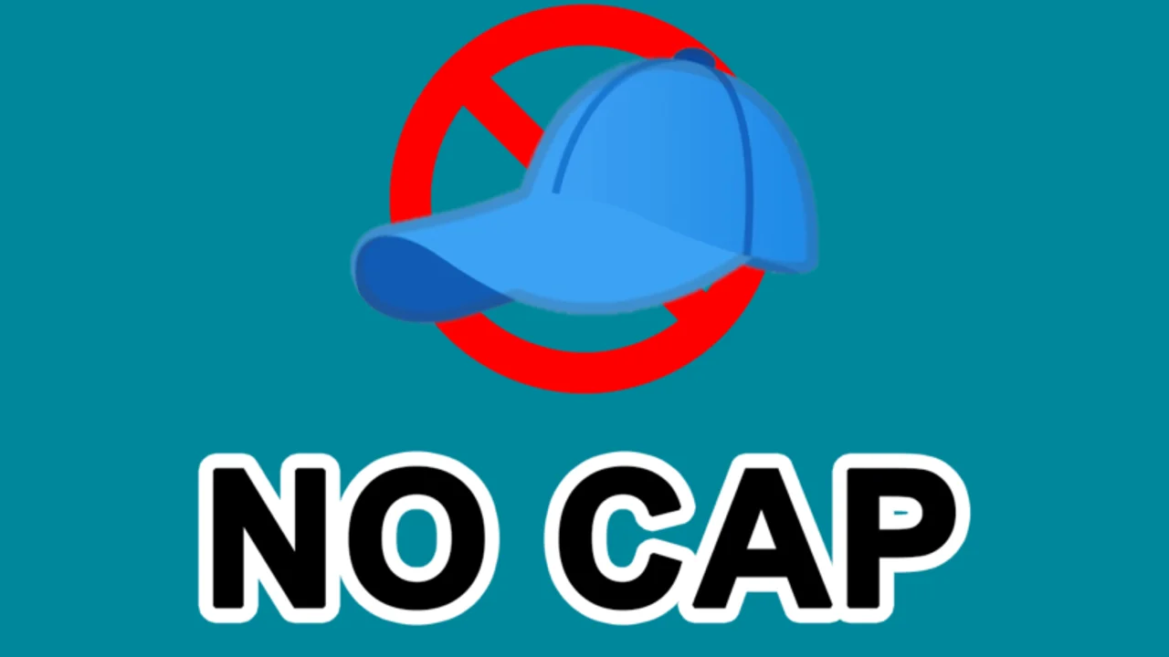 No Cap / Cap — A minimalist vector illustration of a light blue baseball cap with a red prohibition symbol crossed through it on teal background.