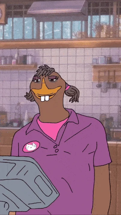 No Chick-fil-A Sauce Girl — BoJack Horseman style cartoon parody of the Chick-fil-A employee with a duck beak and buck teeth, wearing a purple polo at a