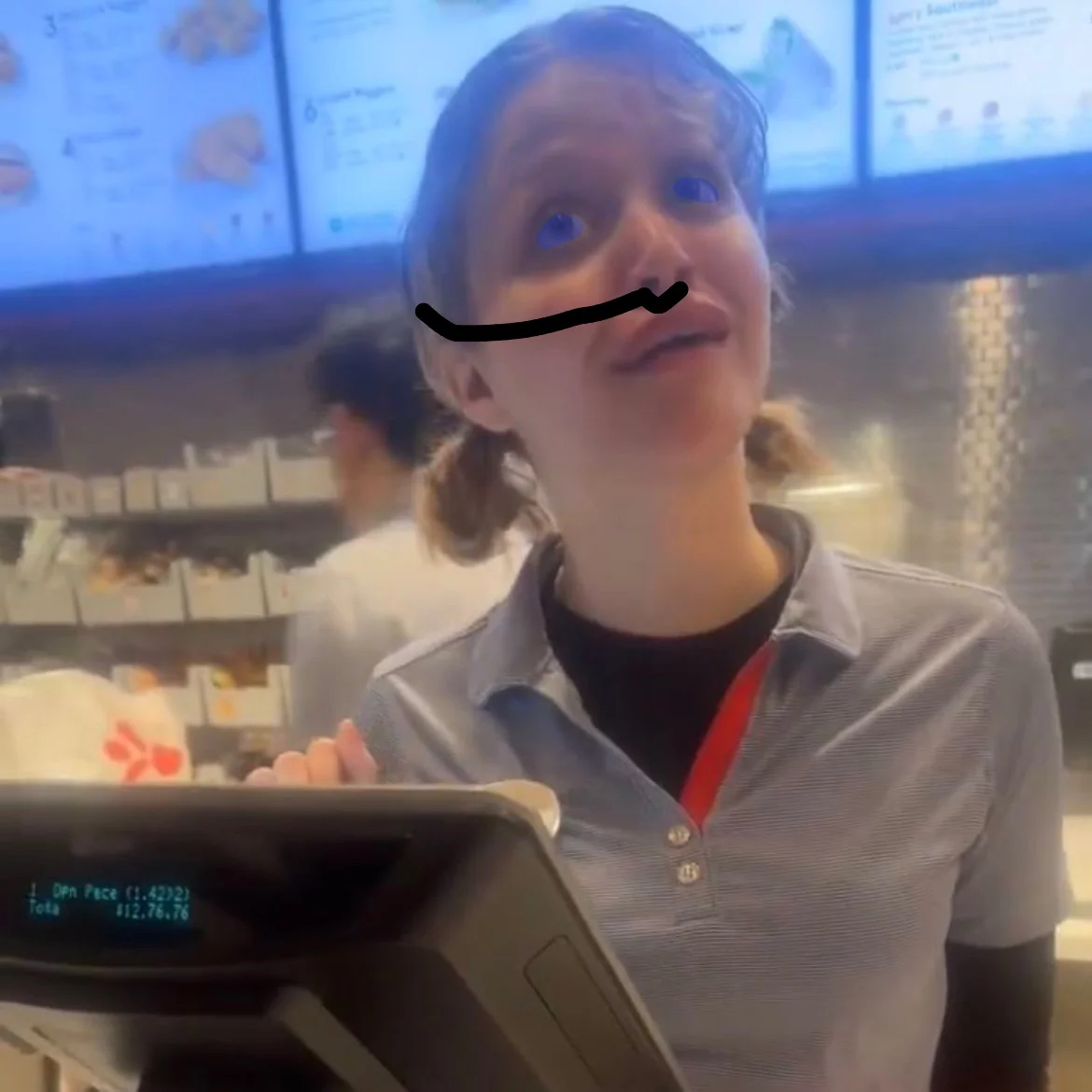 No Chick-fil-A Sauce Girl — Chick-fil-A worker close-up at the register with a hand-drawn mustache and squiggle mouth edited over her face.