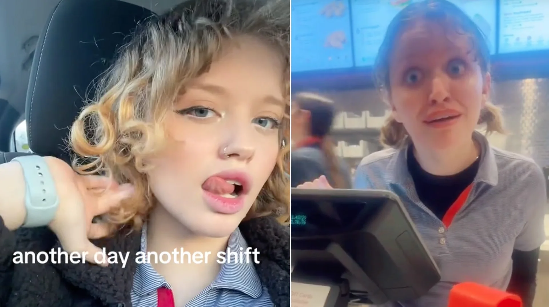 No Chick-fil-A Sauce Girl — Side-by-side of TikToker Gina Lynn in her car captioned 'another day another shift' next to her stunned, open-mouthed reaction at a