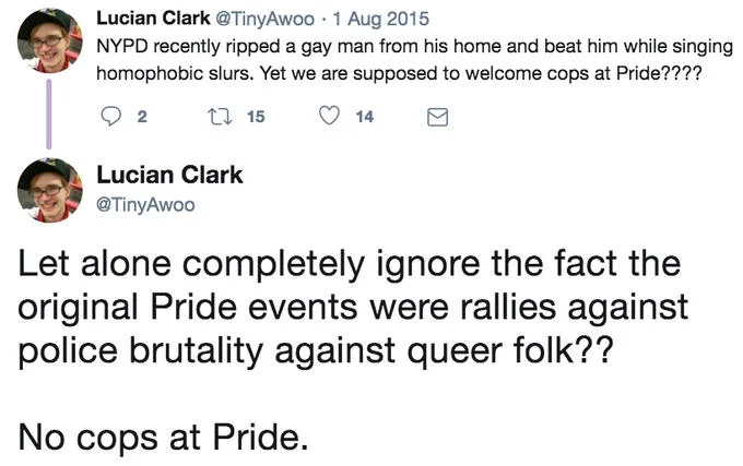 Twitter post from Lucian Clark explaining the 'No Cops At Pride' origin and response to NYPD violence.