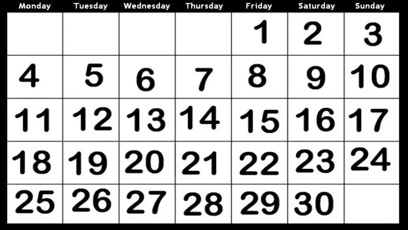 No Fap September — Blank black-and-white 30-day monthly calendar with weekday headers