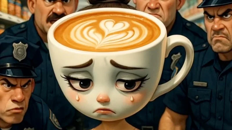 No La Polizia Italian Brainrot Arrested — An AI-generated image of an anthropomorphic coffee cup with tearful face surrounded by stern police officers.