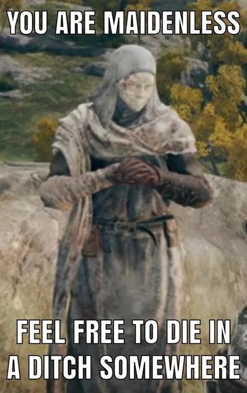 No Maidens — Elden Ring NPC meme with text 'You are maidenless, feel free to die in a ditch somewhere.'