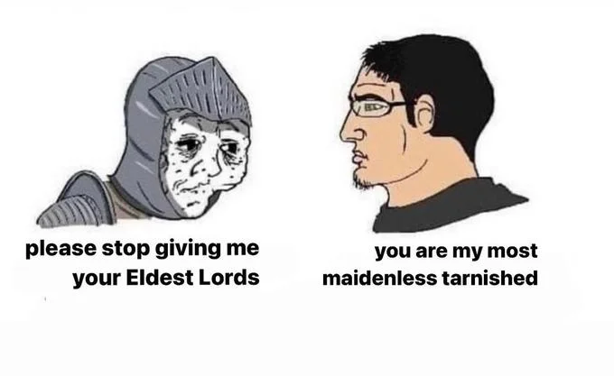No Maidens — Crying Peter Parker meme captioned 'Unfortunately yes, the first NPC of Elden Ring, no bitches.'
