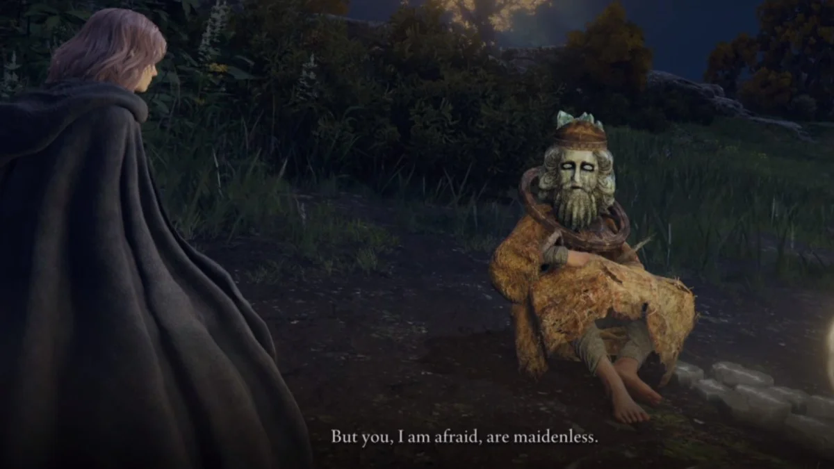 No Maidens — Elden Ring screenshot of NPC Varré telling the player 'But you, I am afraid, are maidenless.'