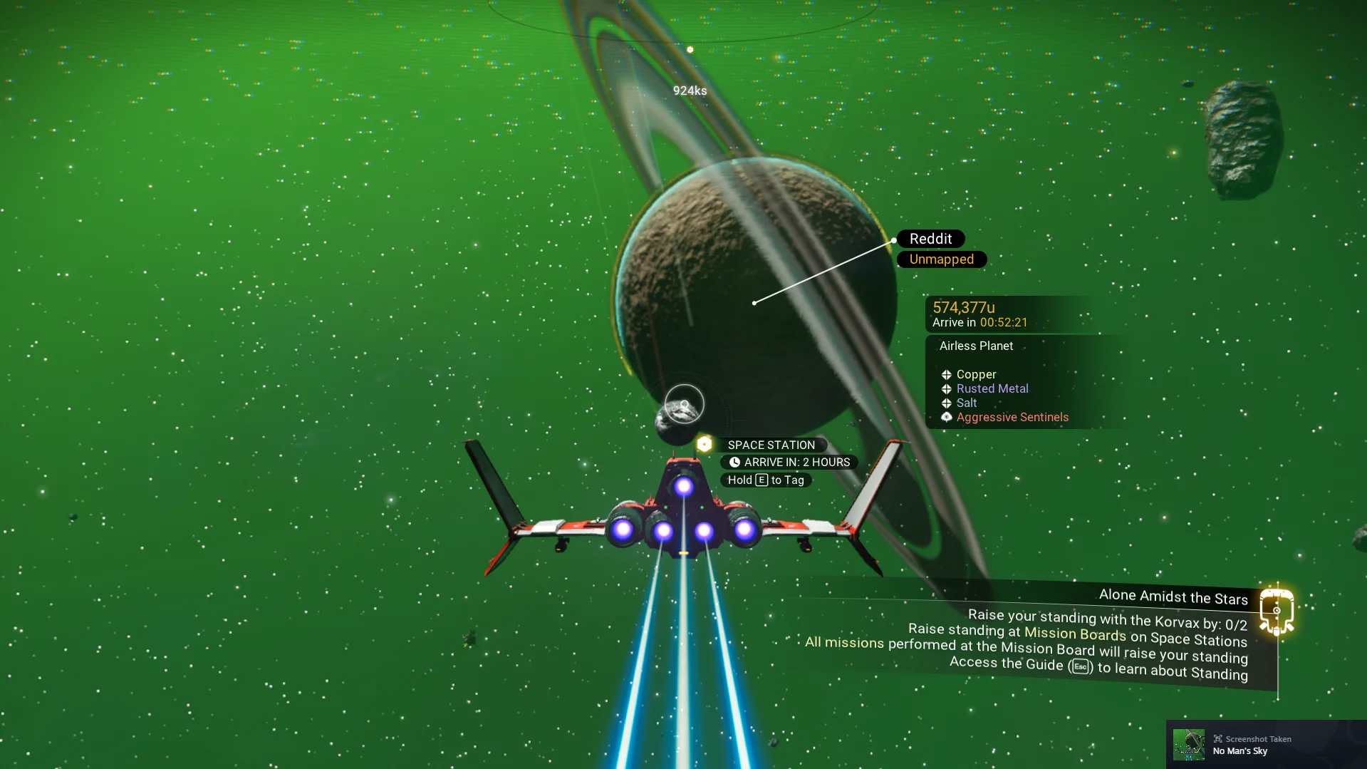No Man's Sky in-game screenshot of a ringed airless planet named Reddit