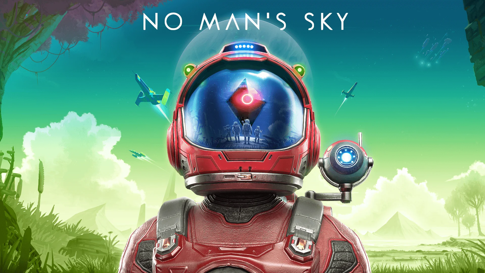 No Man's Sky key art showing an astronaut in a red spacesuit on an alien world