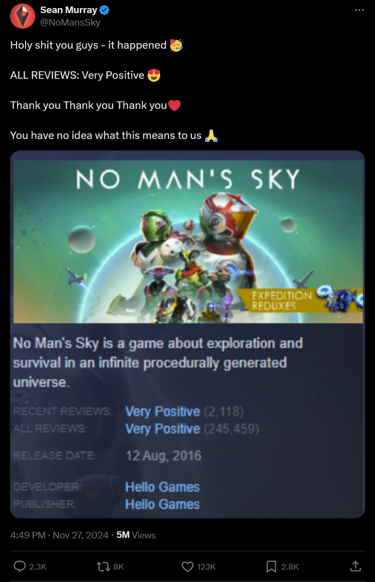 Sean Murray tweet celebrating No Man's Sky reaching Very Positive on Steam