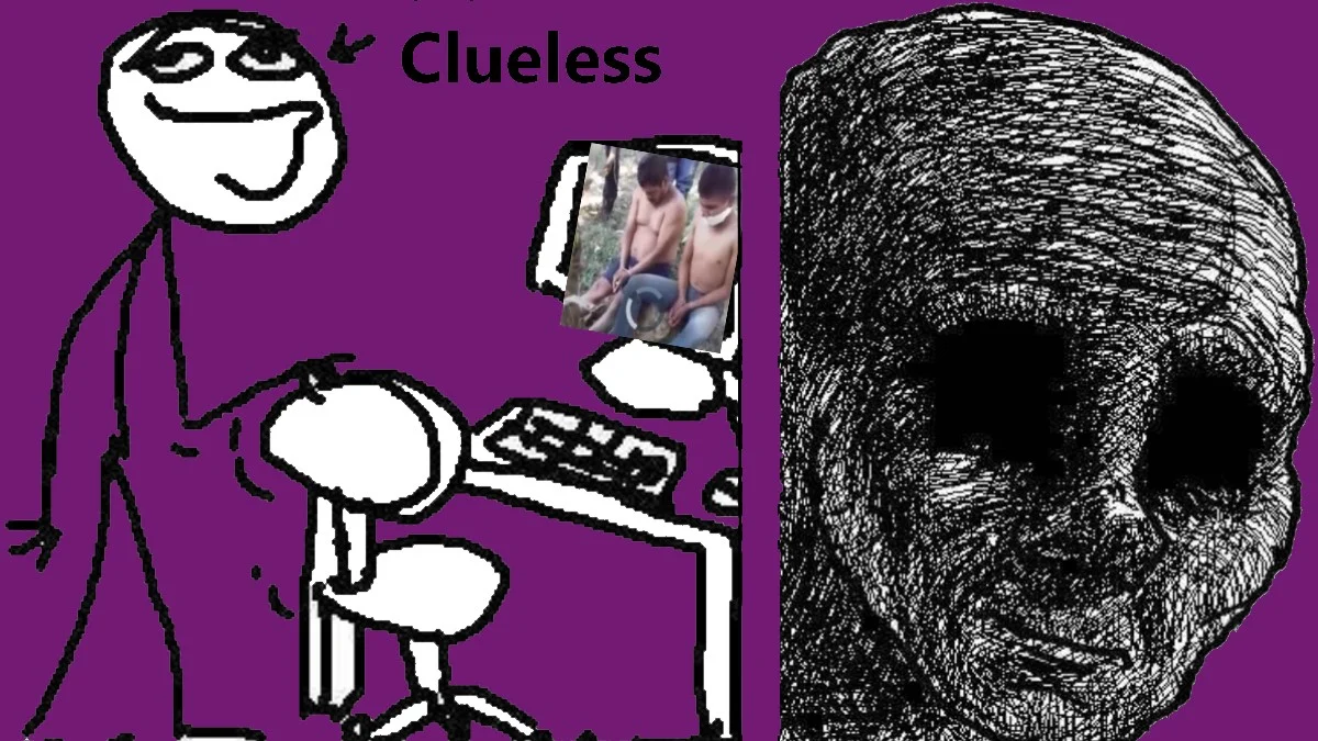 No Mercy In Mexico — Purple meme with Clueless rage comic figure at a computer looking at a small photo of two bound captives, next to a traumatized sketched