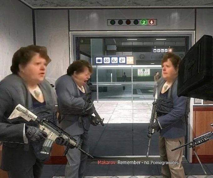 Modern Warfare 2 No Russian mission scene edited with the pomegranates woman's face and subtitle 'Remember - no Pomegranates'