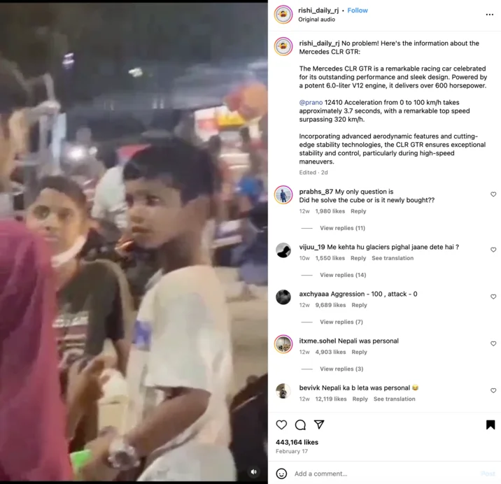 No Problem Heres The Information About The Mercedes Clr Gtr — Instagram reel of a boy on the street captioned with the Mercedes CLR GTR copypasta