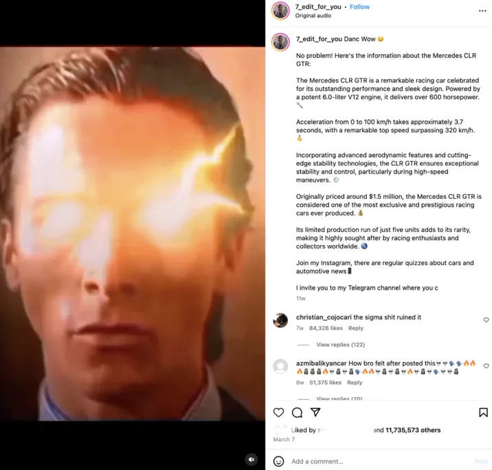 No Problem Heres The Information About The Mercedes Clr Gtr — Instagram sigma edit of Patrick Bateman with glowing eyes and CLR GTR copypasta caption