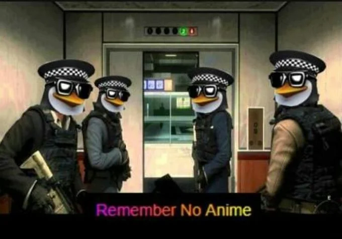 No Russian scene with gunmen replaced by sunglasses-wearing penguin cops, caption 'Remember No Anime.'