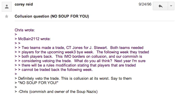 No Soup For You Soup Nazi — Screenshot of forum discussion using 'NO SOUP FOR YOU' as title for a post about collusion.