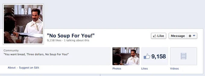No Soup For You Soup Nazi — Website screenshot displaying 'No Soup For You!' meme entry with 9,158 likes engagement metric.