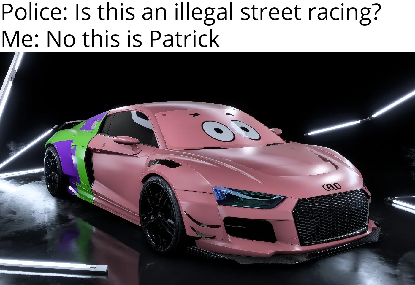 No, This Is Patrick — Pink Audi sports car photoshopped with Patrick Star's face on the hood.