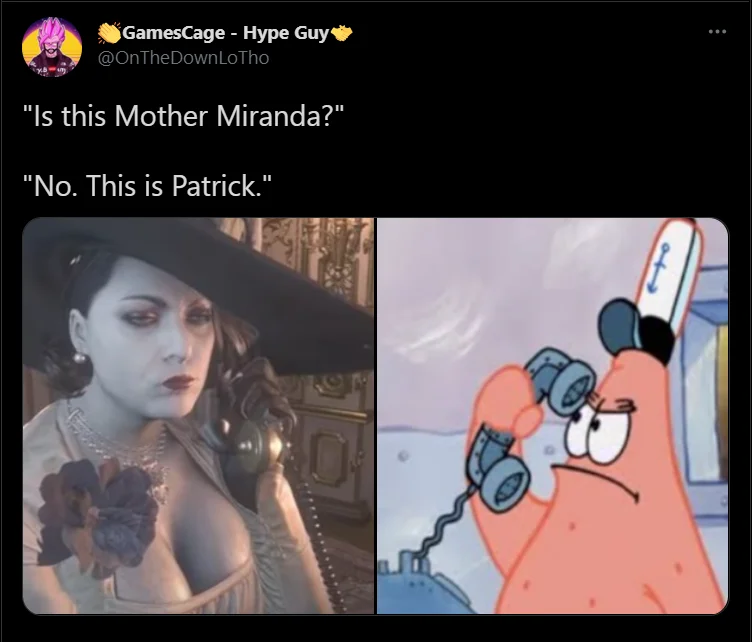 No, This Is Patrick — Twitter post comparing Resident Evil Village's Lady Dimitrescu to Patrick with 'No. This is Patrick' caption.