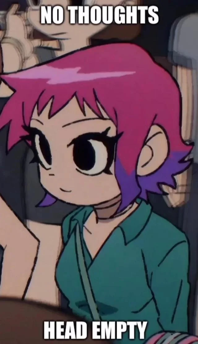 No Thoughts Head Empty — Animated character with pink-purple hair and blank wide eyes with 'NO THOUGHTS' and 'HEAD EMPTY' text overlay.
