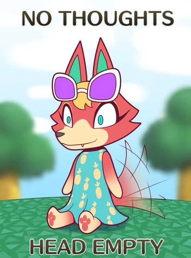 No Thoughts Head Empty — Cute Pokemon-like creature with colorful design and blank purple-tinted eyes in scenic landscape.