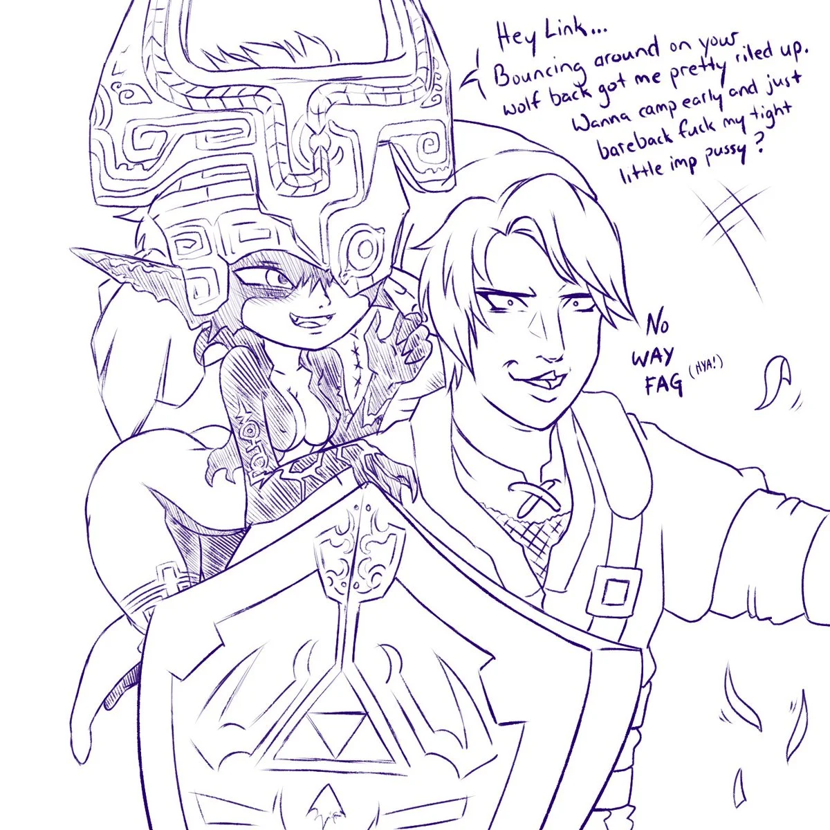 Sketch of a horned female demon hugging a Yu-Gi-Oh style man saying 'no way fag'