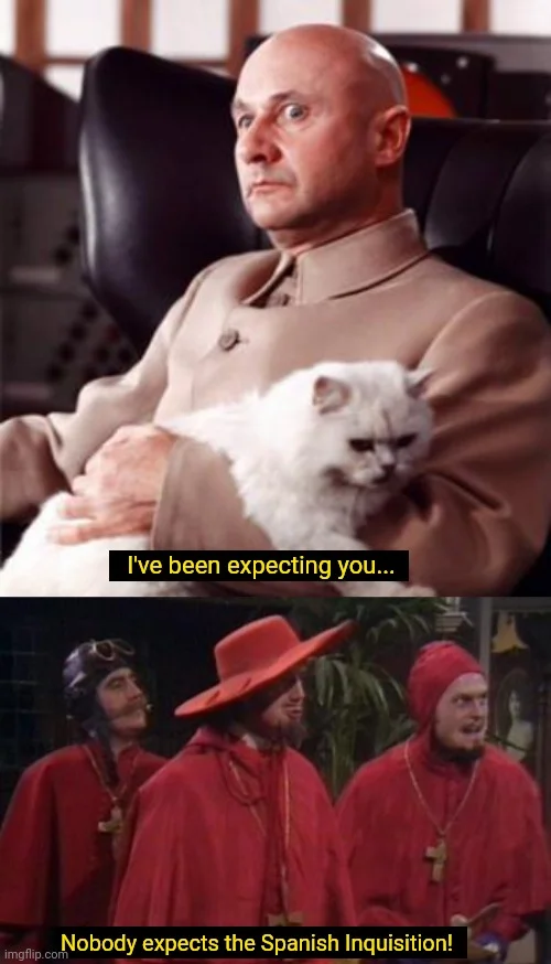 Nobody Expects the Spanish Inquisition — Composite meme of man holding white cat with Spanish Inquisition characters as punchline.