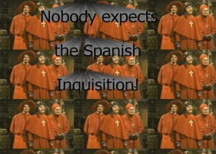 Repeating tile pattern of red-robed figures with 'Nobody expects the Spanish Inquisition!' text.